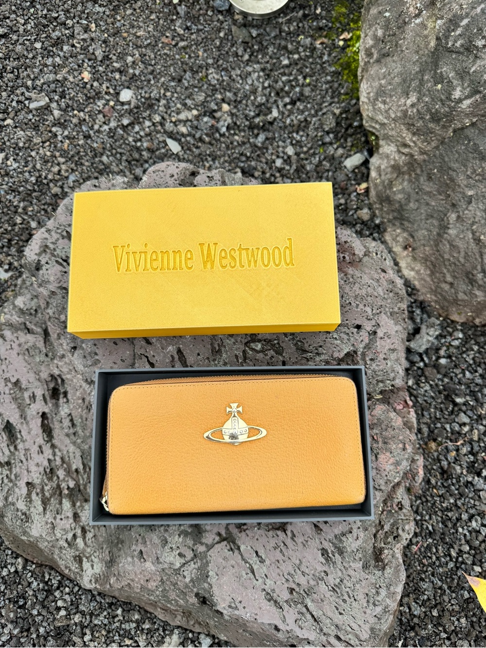 Vivienne Westwood Mustard Yellow Leather Zip Around Wallet Orb Logo with Box COA